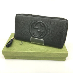 GUCCI Leather Round Zipper Long Wallet SOHO Black